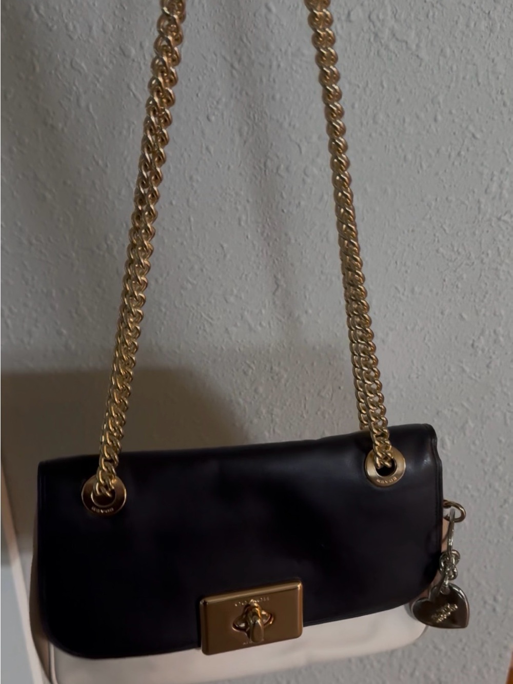 Coach Black and White Leather Shoulder Bag with Gold Chain